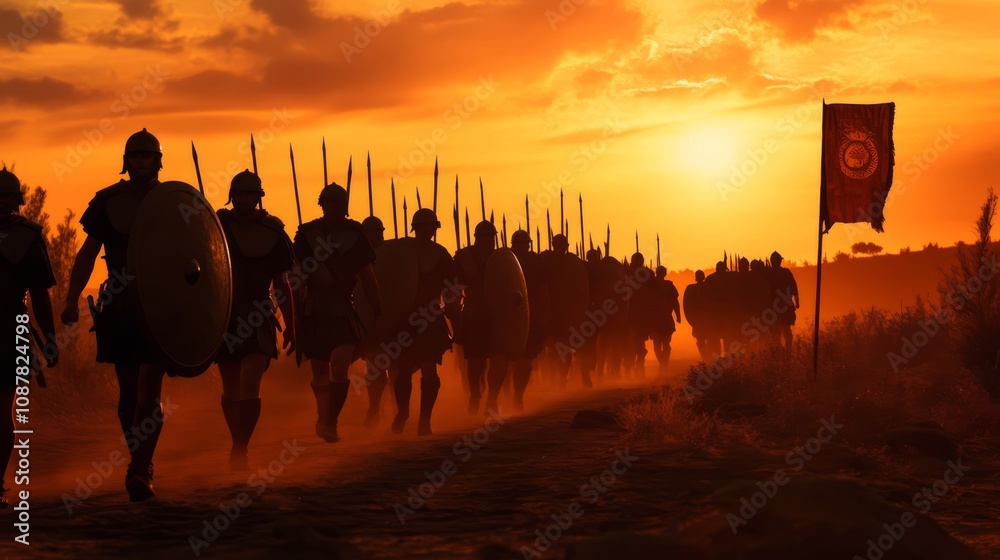 Silhouetted legionnaires march across a dusty landscape at sunset.