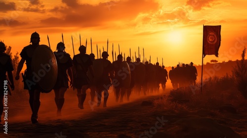 Obraz na płótnie Silhouetted legionnaires march across a dusty landscape at sunset. w salonie