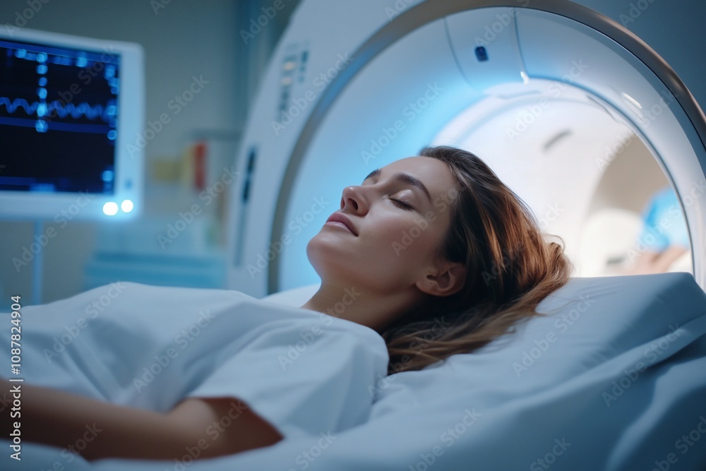 A patient undergoing a medical scan in a hospital setting. A patient undergoing a medical scan in a hospital setting.