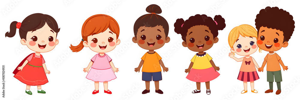 Cute kids characters different race and culture vector set. Collection of kindergarten, girls, boys, children happy smiling. Generative AI Cute kids characters different race and culture vector set. Collection of kindergarten, girls, boys, children happy smiling. Generative AI