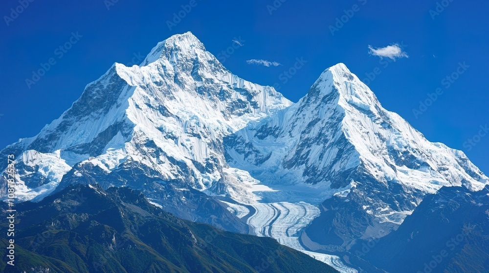 Obraz premium Scenic himalayas covered in snow concept. Majestic Snow-Covered Mountain Range in Blue Sky