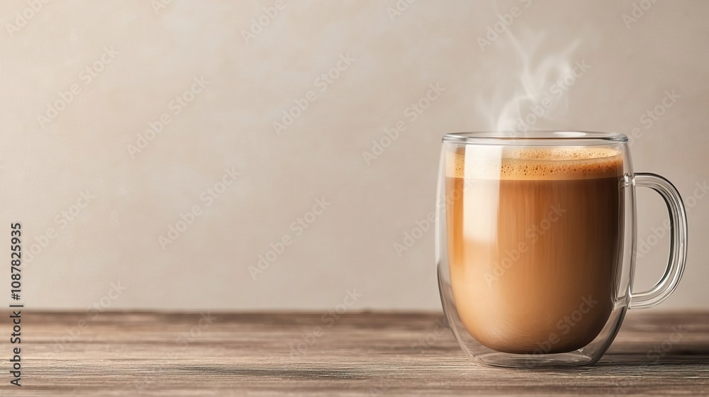 Coffee cup mug modern concept. Double Walled Glass Coffee Mug with Steam Coffee cup mug modern concept. Double Walled Glass Coffee Mug with Steam