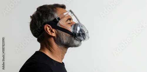 Side view of a man wearing a transparent protective face mask on white background with copy space, symbolizing health awareness. photo