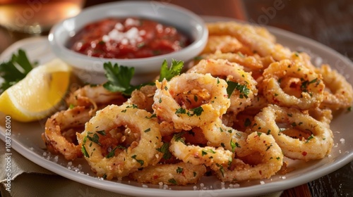 A tempting plate of crispy calamari rings served with marinara sauce and lemon wedges, Calamari plate centered