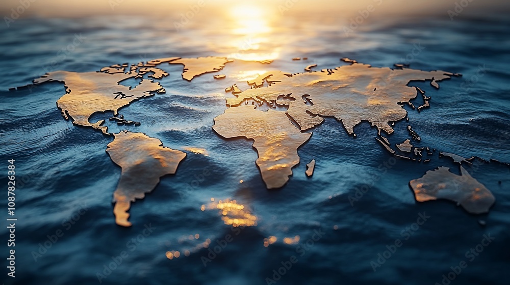 Here's a and keyword list suitable for a stock photo site, following your specifications.. Global sunset, world map on water. Here's a and keyword list suitable for a stock photo site, following your specifications.. Global sunset, world map on water.