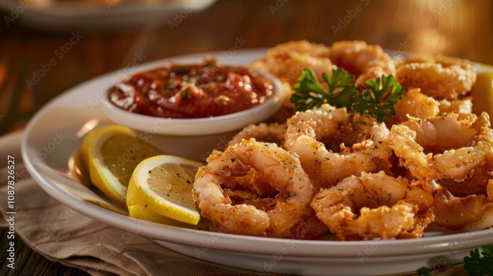 A tempting plate of crispy calamari served with marinara sauce and lemon wedges, Calamari arranged in a circular pattern A tempting plate of crispy calamari served with marinara sauce and lemon wedges, Calamari arranged in a circular pattern