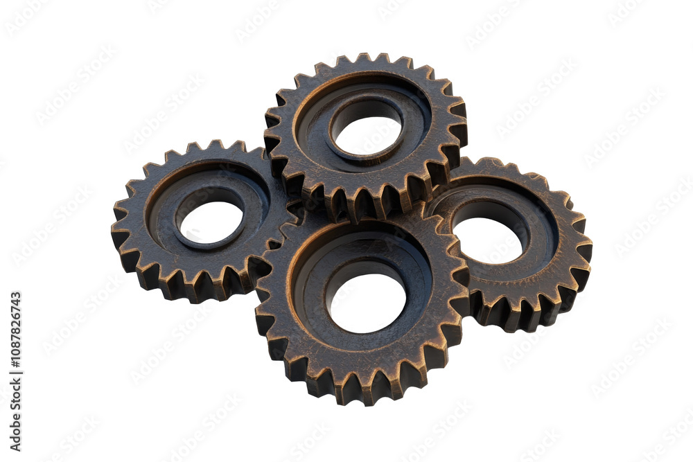A set of hyperrealistic gears on an isolated white background. Png gears set for copy/paste. Generated with AI. A set of hyperrealistic gears on an isolated white background. Png gears set for copy/paste. Generated with AI.