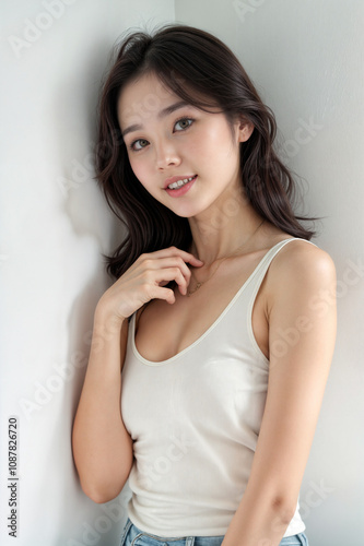 Cute Korean Teen wearing tank top posing stylishly at isolated clean background