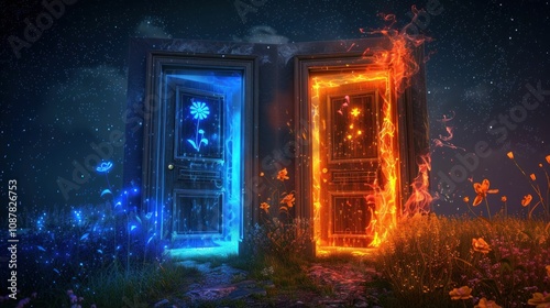 mystical doors, blue and orange, glowing flowers, night sky, fantasy landscape, vibrant colors, magical concept, surreal setting, enchanted flowers, colorful entrance, dreamlike atmosphere, celestial