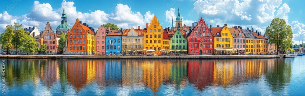 Colorful riverside houses reflected on the water under clear skies in a peaceful town Colorful riverside houses reflected on the water under clear skies in a peaceful town