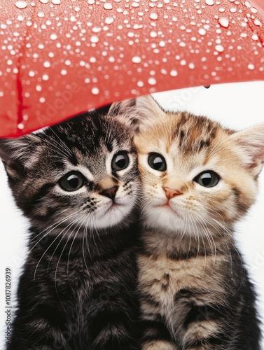 Kittens under an umbrella in the rain with heart shaped puddles and relatedness.