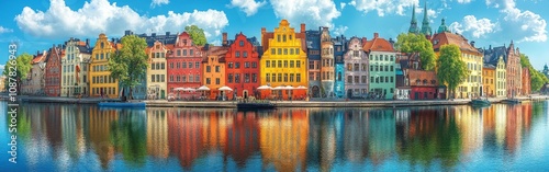 Colorful riverside houses reflected on the water under clear skies in a peaceful town