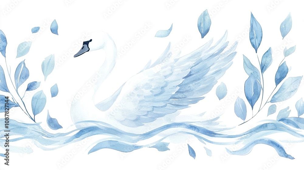 Ethereal painting watercolor background concept. Elegant Swan in Soft Blue Watercolor Style