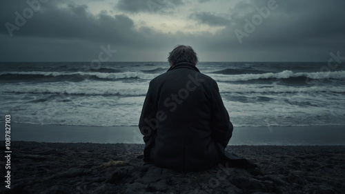 Meloncholic Man Sitting by the Sea