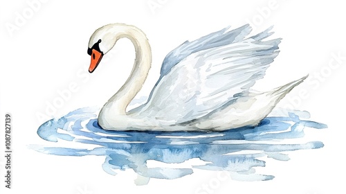 Fototapeta Naklejka Na Ścianę i Meble -  Ethereal painting watercolor background concept. Tranquil Swan Floating on Calm Water