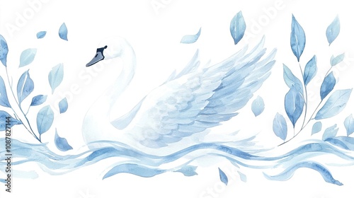 Ethereal painting watercolor background concept. Elegant Swan in Soft Blue Watercolor Style