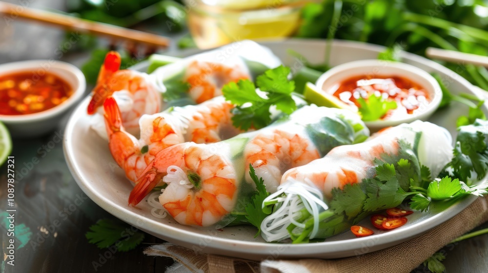 A tempting plate of crispy spring rolls filled with shrimp, vermicelli noodles A tempting plate of crispy spring rolls filled with shrimp, vermicelli noodles