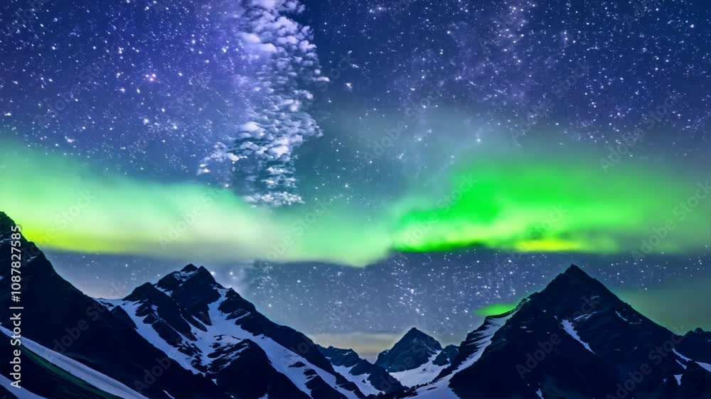 Aurora Borealis Over Snowy Mountains: A breathtaking night sky comes alive with a vibrant, ethereal green aurora borealis, dancing above a majestic mountain range blanketed in pristine snow. Aurora Borealis Over Snowy Mountains: A breathtaking night sky comes alive with a vibrant, ethereal green aurora borealis, dancing above a majestic mountain range blanketed in pristine snow.