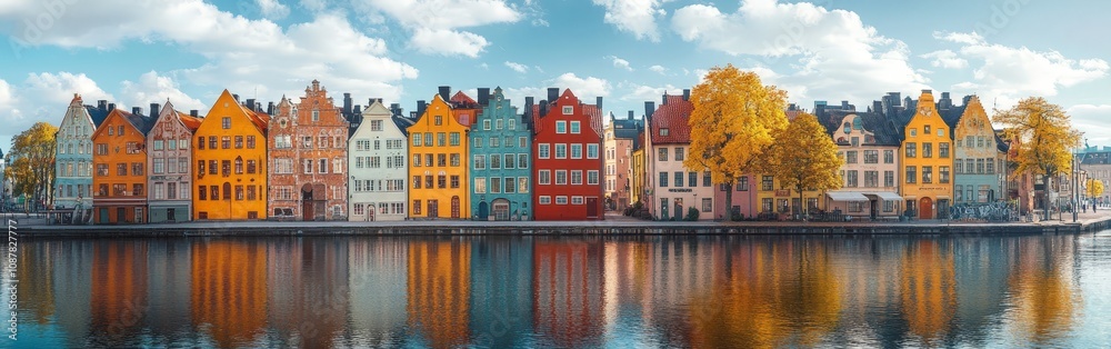 Obraz premium Colorful riverside houses reflected on the water under clear skies in a peaceful town