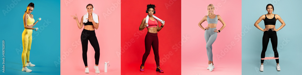 Five women are posing in vibrant workout outfits against various colored backgrounds. Each showcases a unique fitness style, reflecting strength and confidence in their athleticism. Five women are posing in vibrant workout outfits against various colored backgrounds. Each showcases a unique fitness style, reflecting strength and confidence in their athleticism.