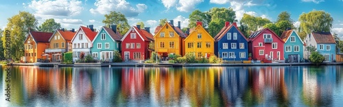 Colorful riverside houses reflected on the water under clear skies in a peaceful town