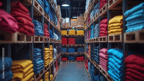 Expansive View of Organized Stockroom Featuring Neatly Folded Fabrics in Various Colors on Wooden Shelves, Highlighting Efficient Inventory Management and Aesthetic Arrangement