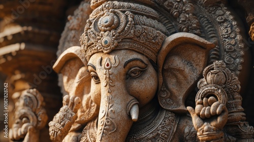 A detailed view of the intricate carvings on a stone Ganesh idol, showcasing the artistry and craftsmanship involved.