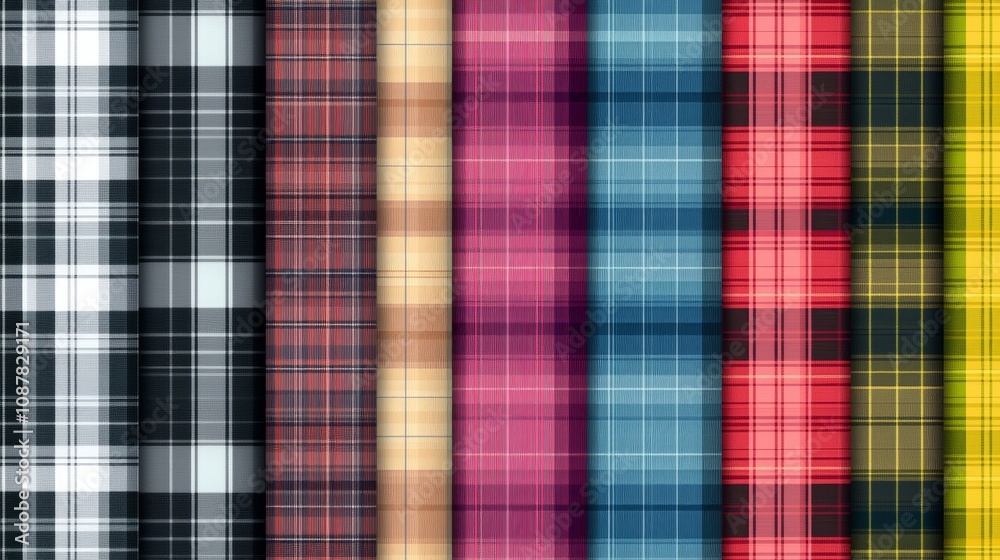 Check plaid set seamless pattern. Colored straight and oblique cage herringbone texture tartan background. Striped wallpaper. Printing on fabric Check plaid set seamless pattern. Colored straight and oblique cage herringbone texture tartan background. Striped wallpaper. Printing on fabric