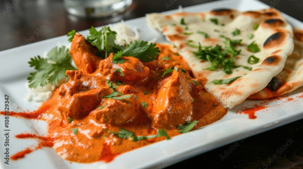 Fototapeta premium A tempting plate of Indian chicken tikka masala, tender chicken in a creamy tomato sauce with aromatic spices