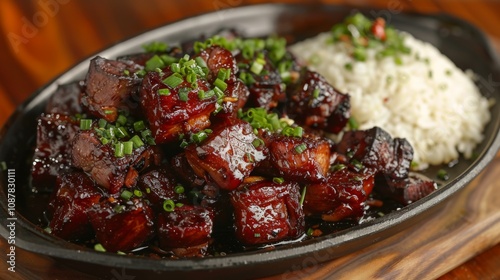 Philippine adobo, Filipino adobo: A hearty plate of chicken or pork adobo with soy sauce, vinegar, garlic, and bay leaves. 