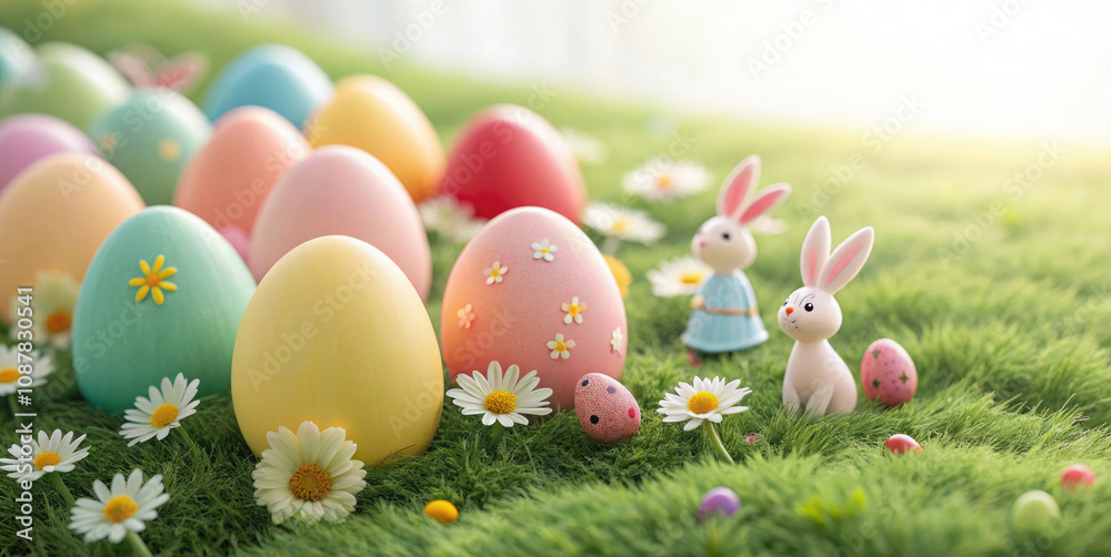 Colorful easter eggs and cute rabbits on lush green grass with daisies in sunlight Colorful easter eggs and cute rabbits on lush green grass with daisies in sunlight