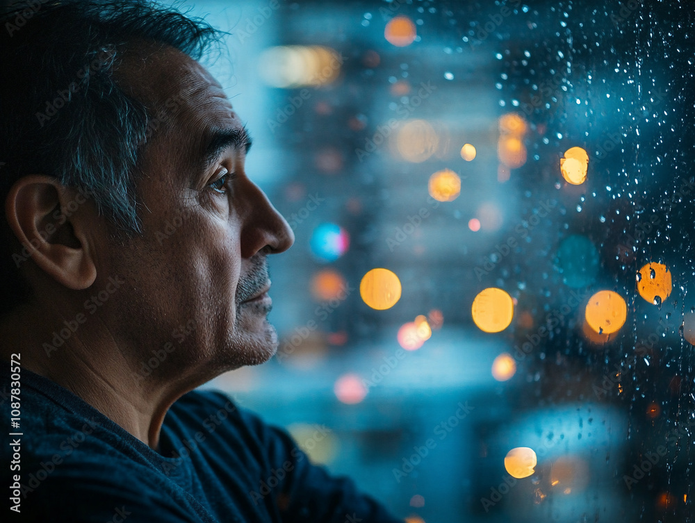 a sad looking man sitting in front of a window rainy weather raindrops on the glass window deep thoughts male depression a sad looking man sitting in front of a window rainy weather raindrops on the glass window deep thoughts male depression