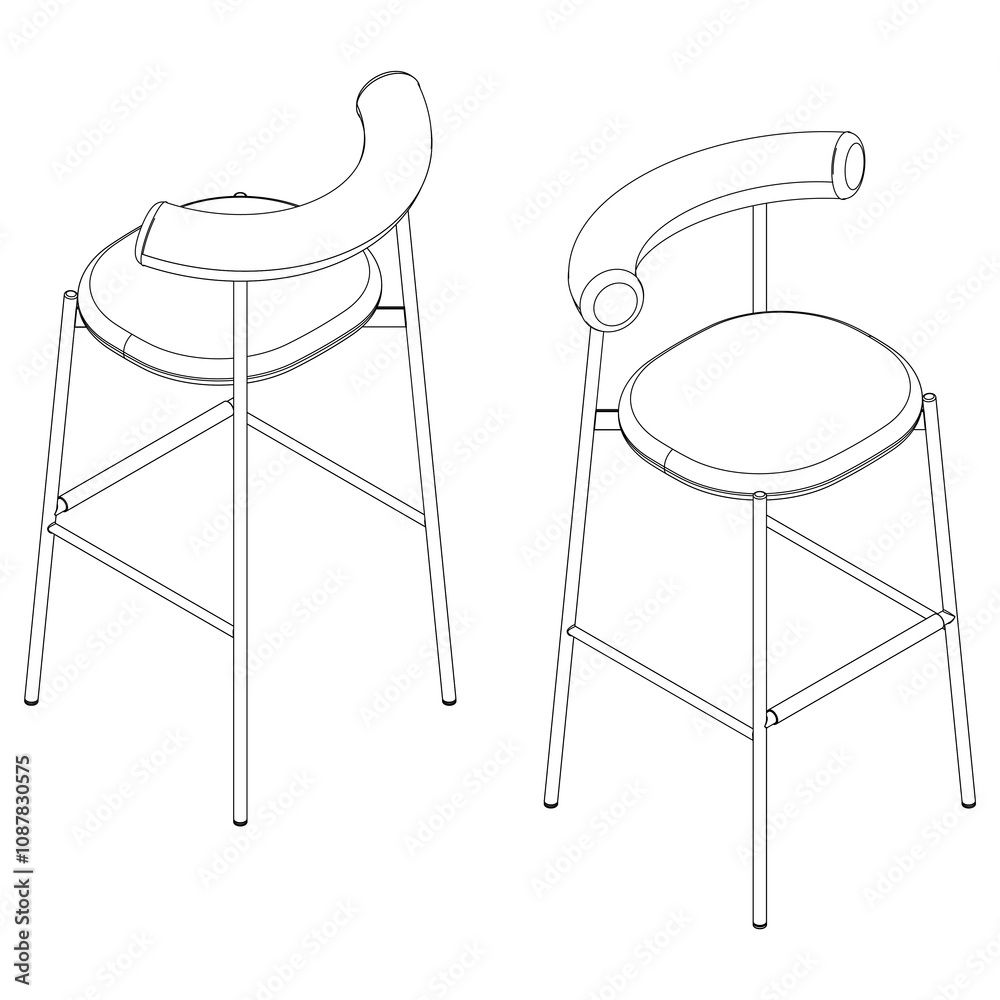 Bar Chair, Bar stool editable vector illustration on white background. chair Line art, clip art, Fancy Chair, Hand-drawn design elements with Fisometric view Bar Chair, Bar stool editable vector illustration on white background. chair Line art, clip art, Fancy Chair, Hand-drawn design elements with Fisometric view