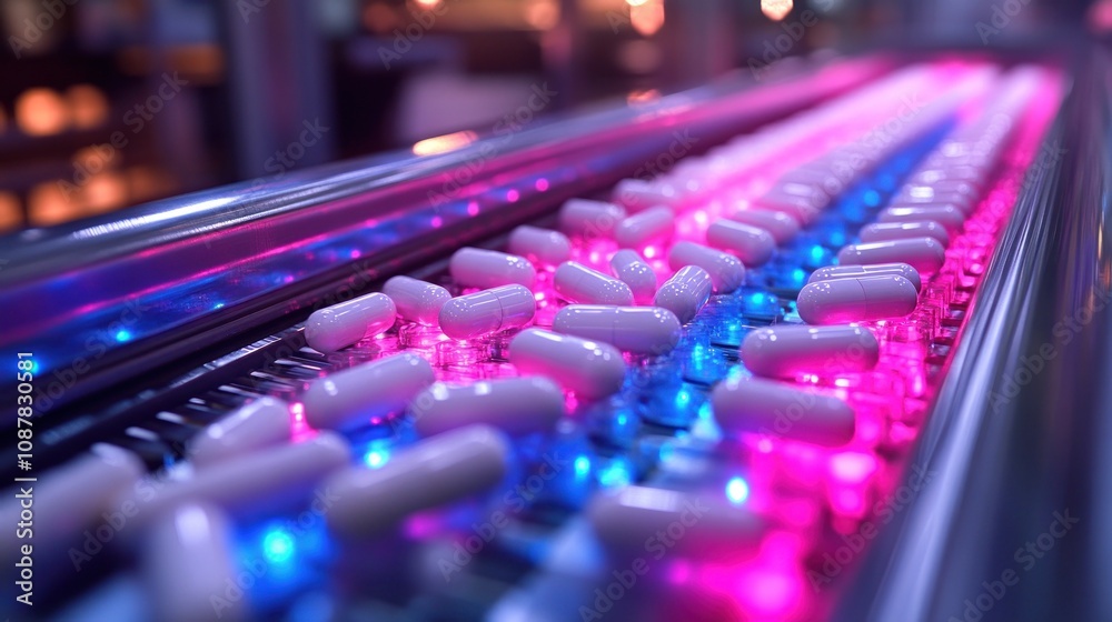 Capsules on a conveyor belt in a production facility. Capsules on a conveyor belt in a production facility.