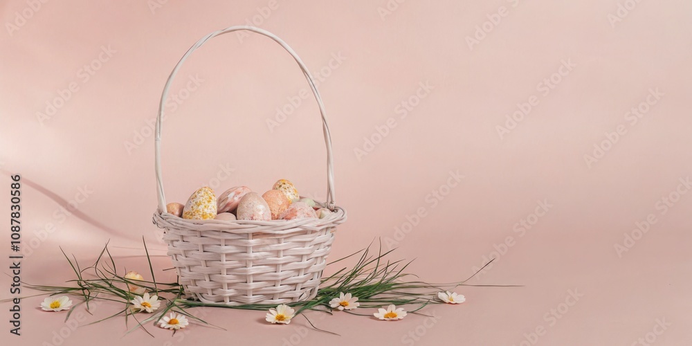 Easter basket with colorful painted eggs on pastel background Easter basket with colorful painted eggs on pastel background