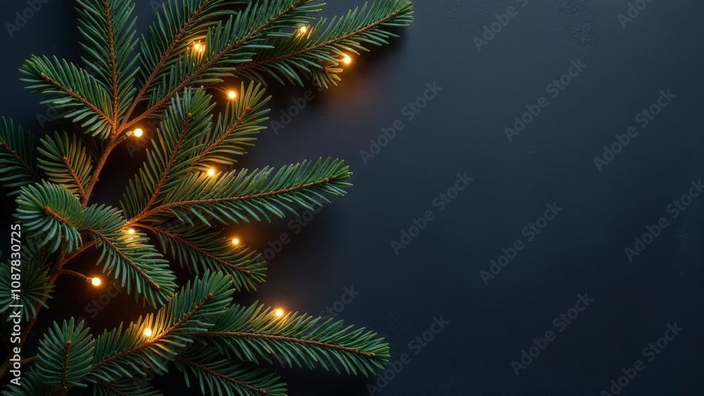 Black New Year background with Christmas tree branches and Christmas lights. Black New Year background with Christmas tree branches and Christmas lights.