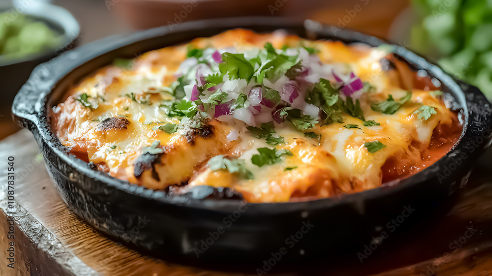 Cheesy baked casserole with cilantro and red onion garnish in a cast iron skillet. Comfort food, hearty dishes, cheesy indulgence, family dinner Cheesy baked casserole with cilantro and red onion garnish in a cast iron skillet. Comfort food, hearty dishes, cheesy indulgence, family dinner