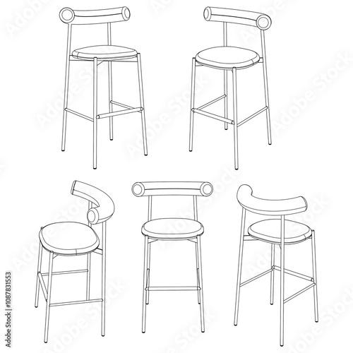 Bar chair and stool editable vector illustration  Fancy line art design, hand-drawn elements for modern bar furniture, stylish seating, and interior decor. Perfect for kitchen, lounge, or pub settings