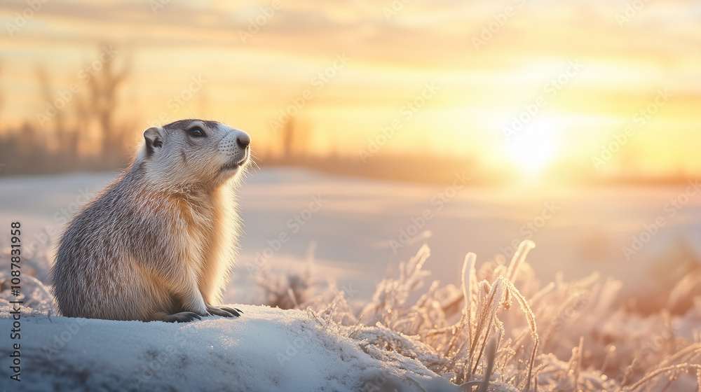 Obraz premium Groundhog Sitting on Snowy Rock at Sunset in Winter Landscape 