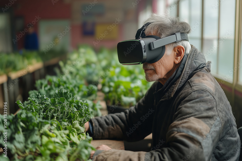 Fototapeta premium Farmer explores virtual reality technology while tending crops indoors