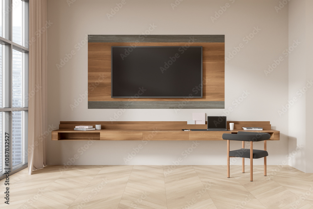 Elegant home interior with work desk, tv display and panoramic window Elegant home interior with work desk, tv display and panoramic window