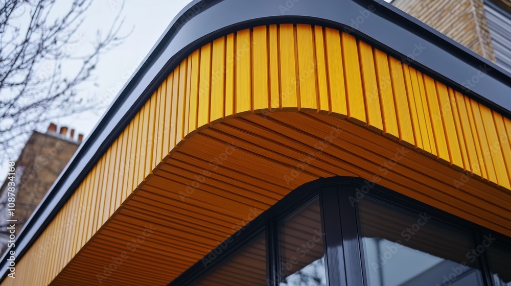 Fototapeta premium Close-up of a curved yellow wood panel exterior wall on a building with a black frame window.