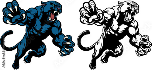 furious black panther with paws spread out in a jump