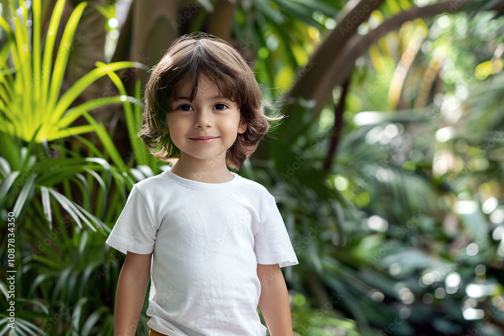 Cute little boy dressed in a white T-shirt against a background of jungle greenery. Summer mockup to demonstrate prints of children's clothing design Cute little boy dressed in a white T-shirt against a background of jungle greenery. Summer mockup to demonstrate prints of children's clothing design