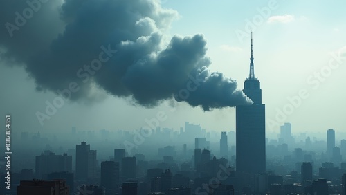 In the early morning, thick smoke emerges from the top of a tall building, casting a gray shadow over a densely populated urban skyline, creating an eerie atmosphere