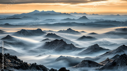 An Enigmatic Foggy Dawn Over a Majestic Rocky Mountain Range Surrounded by Nature's Wonders