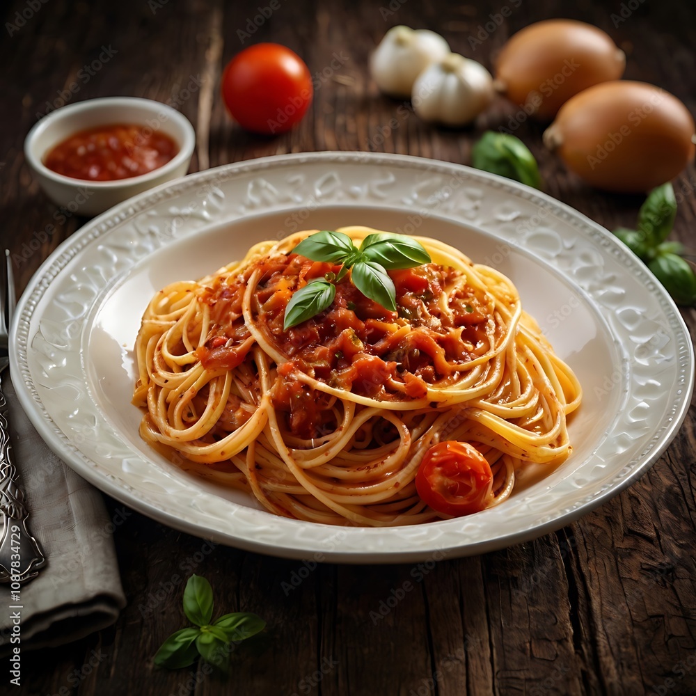 Delicious plate of spaghetti served with fresh basil and tomato sauce at an Italian kitchen during dinner time Delicious plate of spaghetti served with fresh basil and tomato sauce at an Italian kitchen during dinner time