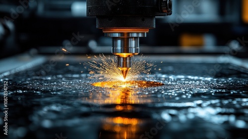 Close-up of a laser cutting metal with sparks flying.