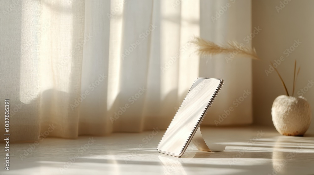 Fototapeta premium Minimalist Silver Phone Stand on a Soft Beige Background Perfect for Modern Office Decor and Product Display