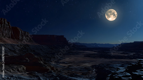 An Intriguing Nocturnal Scene of the Moon's Glow and Shadow Play Over a Desert Landscape at Night